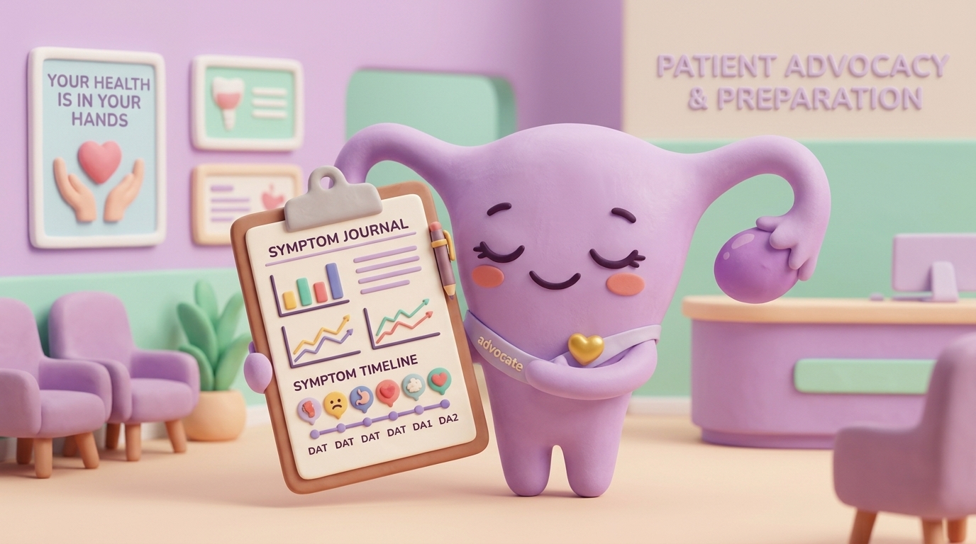 Mascota EndoLife preparando su reporte de síntomas para la consulta médica
